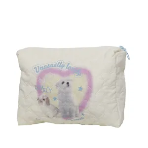 Cute quilted cosmetic bag with heart pattern and puppy print, large capacity zipper pouch.