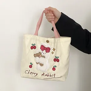 Cute corduroy tote bag for women, sweet style bunny embroidery small handbag daily use.