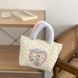 Damen Gesteppte Tragetasche Süßer Hunde-Print Herzmuster Handtasche Lasion Weiche Polyester Top Griff Tasche Tägliche Handtasche