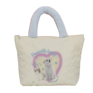 Gesteppte Herzentasche mit Plüschgriff, süßer Welpe Druck lässige Handtasche für Damen neu.
