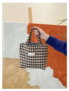 Brown houndstooth wool tote bag for women, portable small handbag with striped lining.