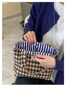 Autumn winter houndstooth tote bag fabric handbag with blue striped lining and magnetic snap.