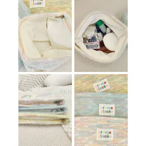 Pastel multi-color knitted cosmetic pouch soft fuzzy makeup bag with zipper closure and label