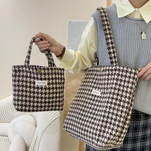 Women Fashion Woolen Houndstooth Tote Bag Casual Vintage Brown Shoulder Bag Portable Handbag Daily Commuting Bag