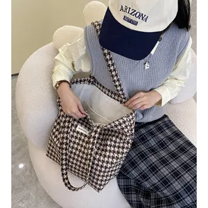 Women houndstooth shoulder bag autumn winter casual tote bag soft wool handbag for daily use