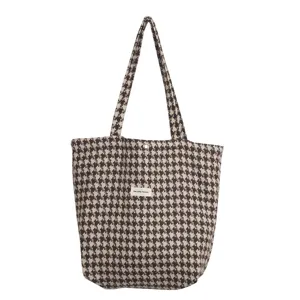 Autumn winter houndstooth shoulder bag wool blend casual tote handbag for women daily shopping.