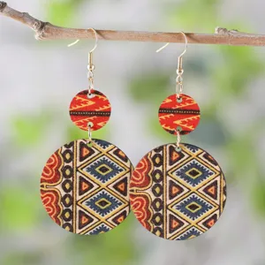 Böhmische afrikanische Stil geometrische Muster Holz runde Ohrringe für Damen Mode Accessoire.