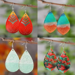Boucles d'Oreilles Pendantes Goutte en Acrylique Imprimé Boho Avec Crochets en Acier Inoxydable Dégradé Géométrique Flamant Rose Dentelle Boucles d'Oreilles pour Femme Bijou
