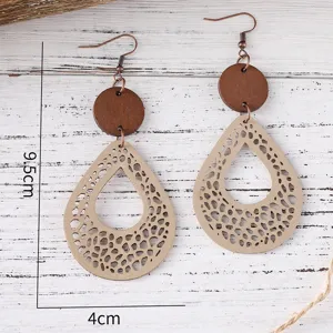 Pendientes colgantes de lágrima de cuero de madera bohemio para mujeres vintage