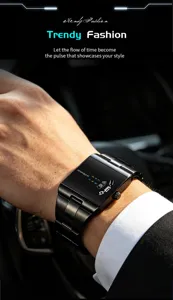 Κομψό μαύρο ρολόι χαλαζία με μοντέρνο ορθογώνιο καντράν παρουσιασμένο στο αυτοκίνητο.
