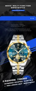 Orologio al quarzo multifunzione uomo con lunetta a diamante, movimento scheletrato e cinturino.
