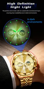 Vista dettagliata dell'orologio al quarzo dorato luminoso da uomo con visione notturna chiara.