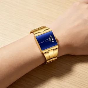 Ανδρικό τετράγωνο ρολόι quartz με χρυσή μεταλλική λουρί και κομψό μπλε καντράν.