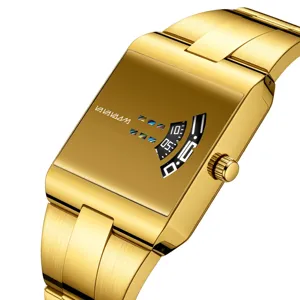 Πολυτελές ανδρικό ρολόι quartz με τετραγωνική χρυσή κάσα και μοναδικό σχεδιασμό καντράν.