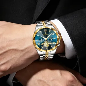 Orologio uomo al quarzo lunetta sfaccettata cinturino bicolore acciaio lusso orologio affari