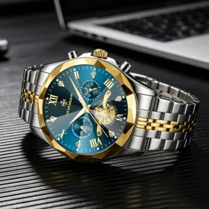 Orologio al quarzo da uomo di lusso lunetta sfaccettata quadrante blu cinturino acciaio
