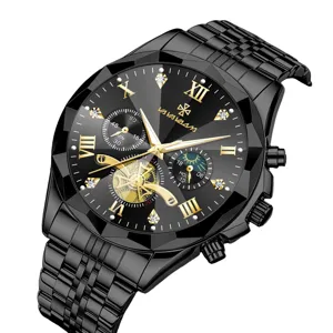 Orologio da uomo nero al quarzo con design sfaccettato, numeri romani dorati e cinturino.