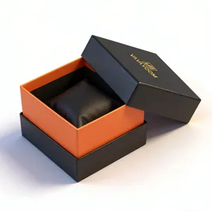 Luxus schwarze und orange Uhren-Geschenkbox mit Kissen, edle Lederoptik Verpackung.