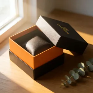 Schwarze und orangefarbene Uhrengeschenkbox mit Kissen auf Holztisch präsentiert.