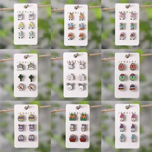 Osterei Hase Zwerg Karotte Kreuz Holz Ohrstecker Set Retro Cartoon Mehrfarbig Tier Ohr Schmuck Set Für Damen Mädchen