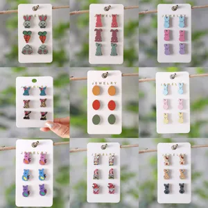 Ostern Holz Ohrstecker Set süsse Kaninchen Karotte Ei Zwerg Schmuck für Damen Mädchen
