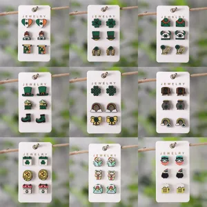 St Patricks Day Grüner Klee Ohrstecker Set Natürliches Holz Blatt Muster Ohrringe Set Festival Feier Party Schmuck Geschenke Für Damen