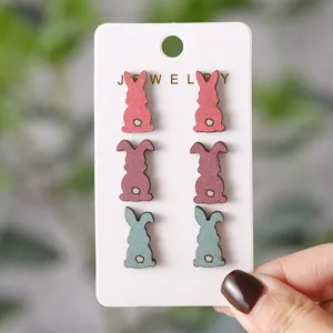 Bunte hölzerne Osterhasen Ohrstecker Set süße Tier Kaninchen Ohrringe Schmuck Accessoires