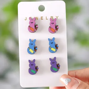 Süße bunte Cartoon Kaninchen Ohrstecker Set für Damen und Mädchen, Ostern Modeschmuck.
