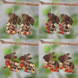 Easter Rabbit Flower Egg Wooden Pendant Earrings For Women Double Sided Printed Spring Vibes Hello Spring Happy Easter Jewelry