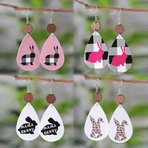 Boucles d'oreilles en cuir goutte d'eau de lapin de Pâques avec pendentif en bois, cadeaux.