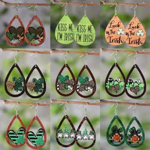 St. Patrick's Day Holz Wassertropfen Ohrringe Grün Kariert Leopard Herz Klee Zwerg Doppelseitig Bedruckte Ohrringe Für Damen