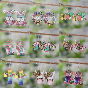 Ostern Holz Hase Zwerg Karotte Ei Herz Kranz Anhänger Ohrringe Doppelseitig Bedruckte Holzohrringe Für Damen Feiertag Schmuck Geschenk