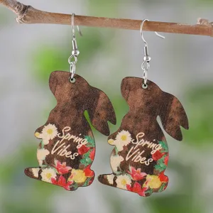 Wooden Easter Bunny Rabbit Earrings with Colorful Spring Flowers Print and Metal Hooks
