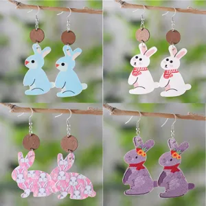 Boucles d'oreilles lapin de Pâques en bois et cuir PU, bijoux pendentif animal dessin animé.