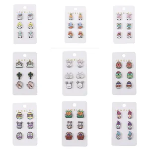 Ostern Holz Ohrringe Set Produktdetails, süße Zwerge, Hasen und bunte Eier Design.