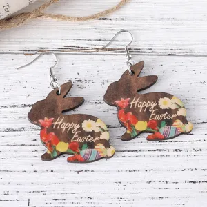 Cute Easter bunny wooden earrings with floral and colorful egg printed design, festive style.