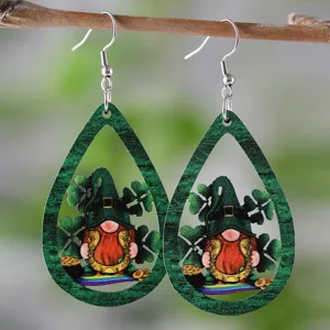 St. Patrick's Tag Grüne Holz Tropfen Ohrringe Irische Zwerg Kleeblatt Ohrhänger Schmuck