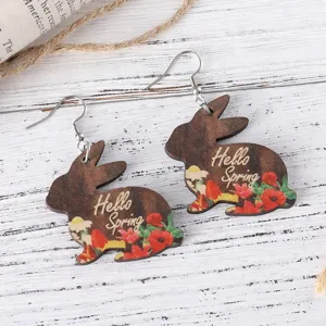 Easter Bunny Wooden Earrings Double-Sided Floral Print Rabbit Pendant Jewelry Spring Gift