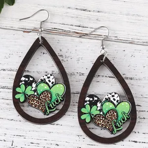 St. Patrick's Tag Holz Tropfen Ohrringe grüne Kleeblatt Leopard Herz Mode Schmuck