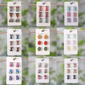 Ostern Holz Ohrstecker Set Leopardenmuster Tarnung Kariert Hase Ei Karotte Zwerge Holzohrringe Für Damen Feiertag Party Schmuck