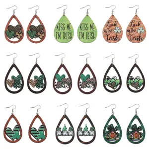 Grüne Karo Leopard Herz Klee Zwerg Holz Tropfen Ohrringe zum Saint Patricks Day Set