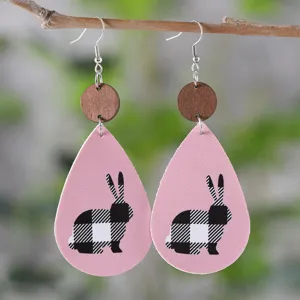 Paques lapin PU cuir goutte d'eau bois boucles d'oreilles femmes bijoux de fete.
