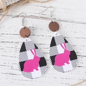 Boucles d'oreilles goutte lapin de Pâques cuir PU bois pendantes cadeau bijoux femme
