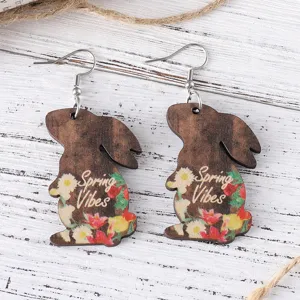 Wooden Easter Bunny Dangle Earrings with Spring Vibes Floral Print Rustic Jewelry Gift