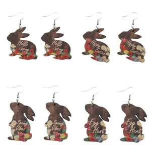 Easter wooden rabbit dangle earrings with floral and egg print, cute seasonal jewelry.