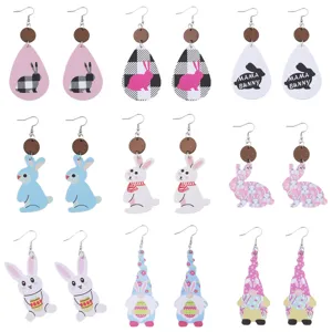 Boucles d'oreilles de Pâques mignon lapin gnome cuir PU bois goutte pendentif bijoux