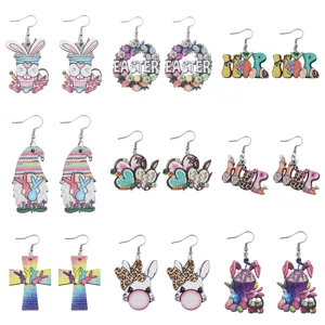 Ostern Holz Ohrringe Set mit süssen Hasen Gnom Eiern bunte Anhänger Schmuck für Frauen