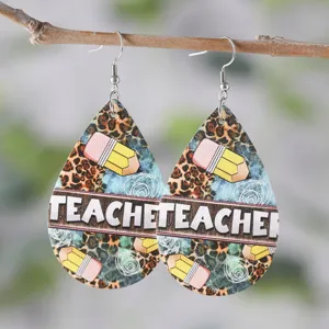 Lehrerin Thema Tropfen Leder Ohrringe mit Bleistift und Leopardenmuster für Frauen.