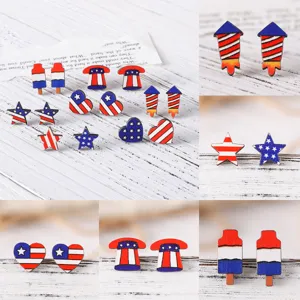 Independence Day Retro Red White Blue Stripes Star Heart Hat Fireworks Wood Stainless Steel Stud Earrings For Women Festive Party Jewelry Gift