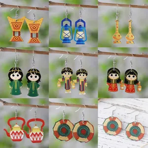 Retro Mädchen Laterne Öl Lampe Abstrakt Vase Spirale Muster Teekanne Anhänger Holz Doppelseitig Ohrringe Für Damen Ethno Schmuck
